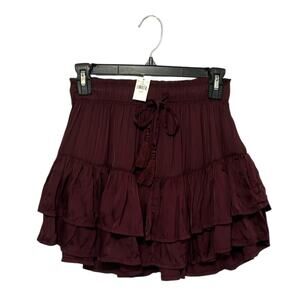 Aerie Sweet N Silky Ruffled Mini Skirt NWT Womens Sz XS Burgundy Grunge Coquette